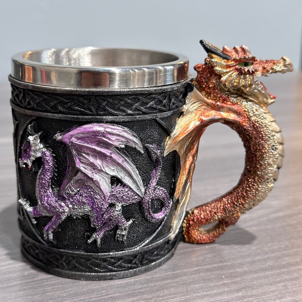 Fantasy Dragon Mug Stainless Steel Liner Celtic Knotwork Medieval Gothic Tankard